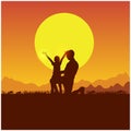 Spring family picnic trip. Father and son camping. Silhouette of people on the sun background. Summer travel with a child. Nature,